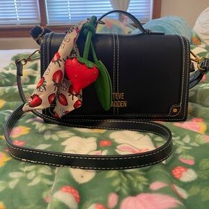 NWOT. Steve Madden Navy Blue Crossbody Satchel with Strawberry Charm and Scarf